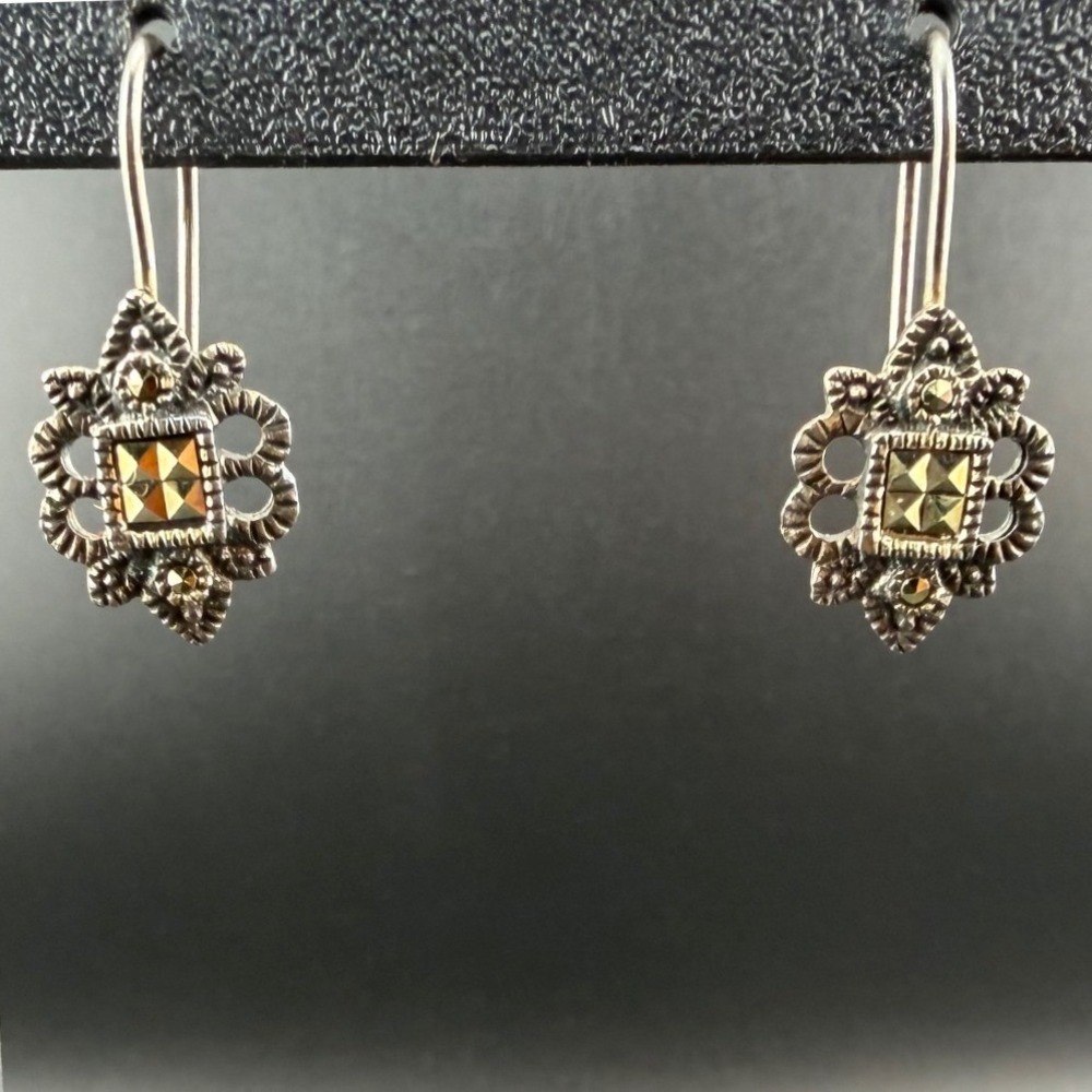 Sterling 925 Earrings Marcasite Art Deco Filigree Goth Victorian Kidney Wire